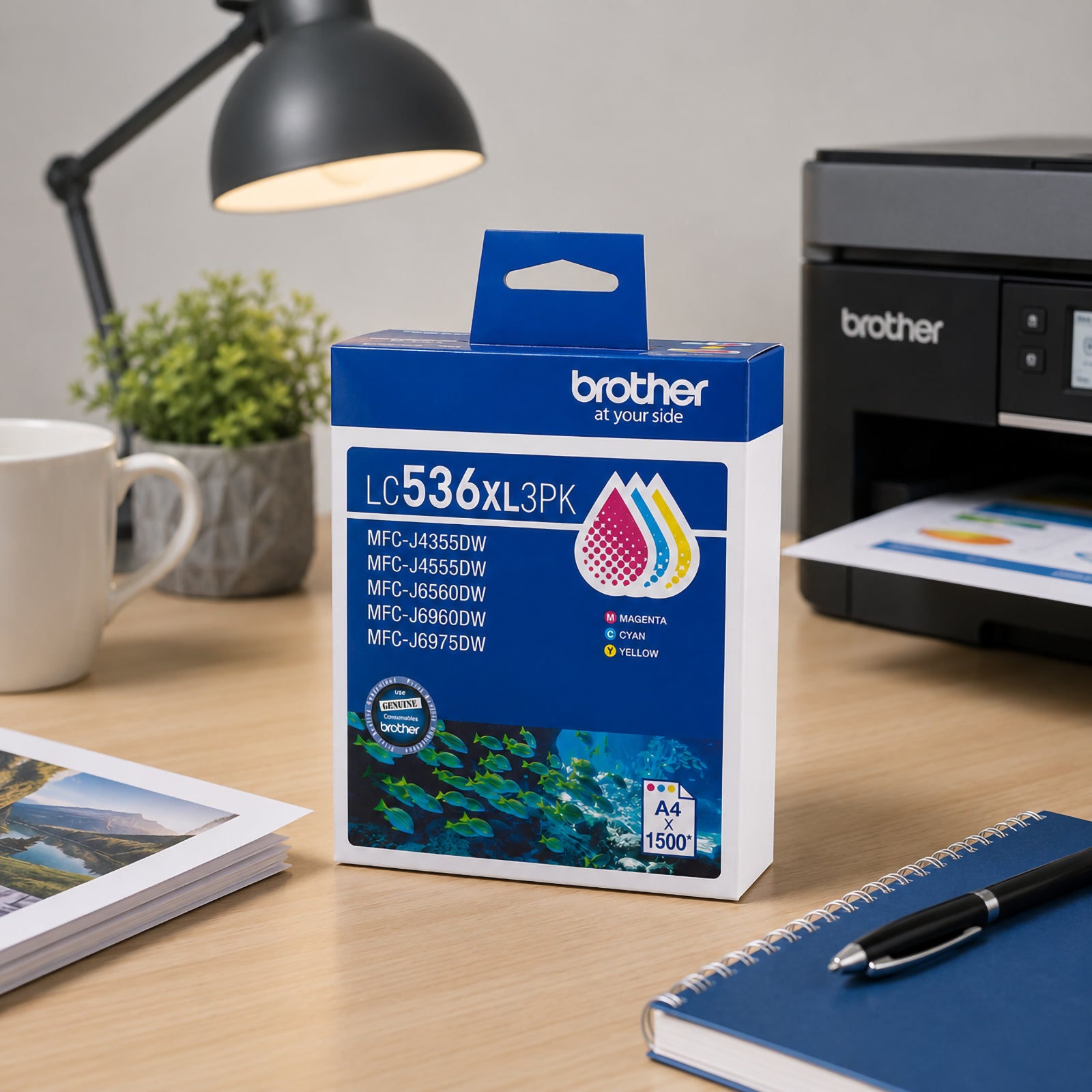 Brother LC536XL3PK colour ink cartridge multipack positioned in a professional workspace next to a Brother printer actively producing colour reports and charts. Office accessories including a pen holder and documents create a productive environment. The image highlights the convenience of replacing all three colour cartridges at once while maintaining consistent print quality for presentations, graphics and everyday business printing.