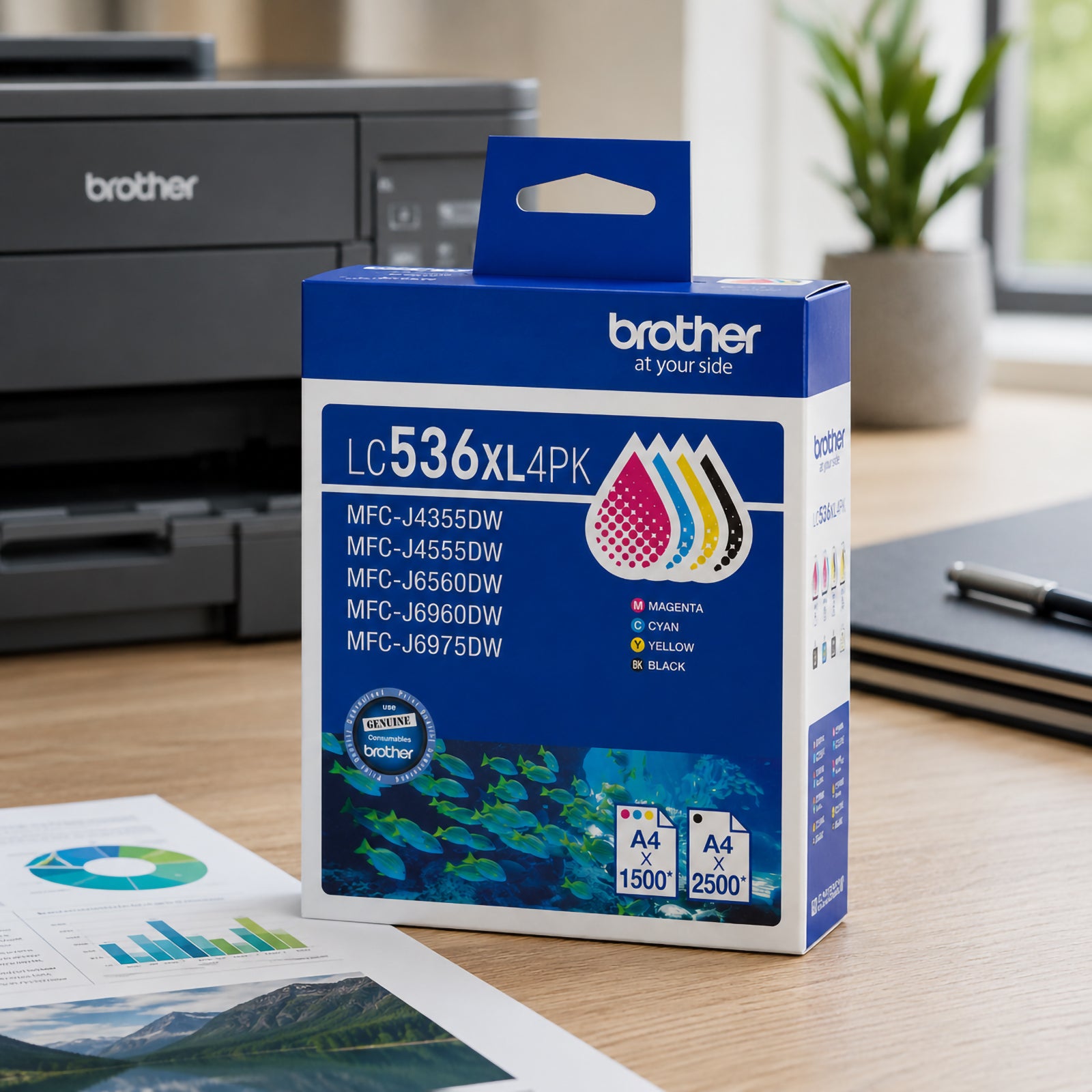 Brother LC536XL4PK High Yield BCMY Ink Cartridge Multipack displayed on a professional office desk beside a Brother multifunction printer. Printed reports, charts and office stationery surround the product, showcasing its suitability for everyday business printing. The packaging clearly highlights the included Black, Cyan, Magenta and Yellow cartridges, reinforcing its role as a complete printing solution for busy workplaces.