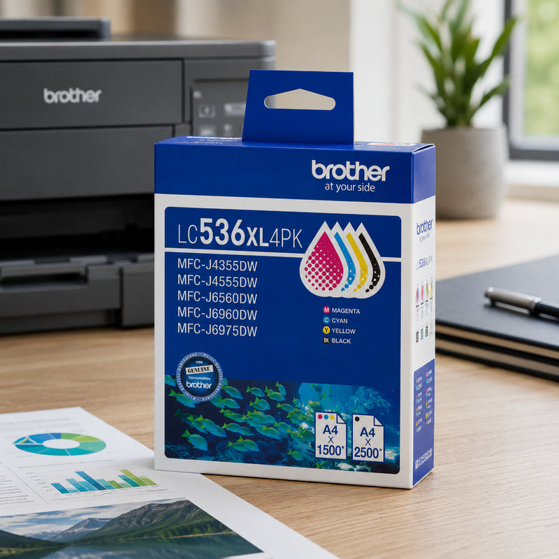 Brother LC536XL4PK High Yield BCMY Ink Cartridge Multipack displayed on a professional office desk beside a Brother multifunction printer. Printed reports, charts and office stationery surround the product, showcasing its suitability for everyday business printing. The packaging clearly highlights the included Black, Cyan, Magenta and Yellow cartridges, reinforcing its role as a complete printing solution for busy workplaces.