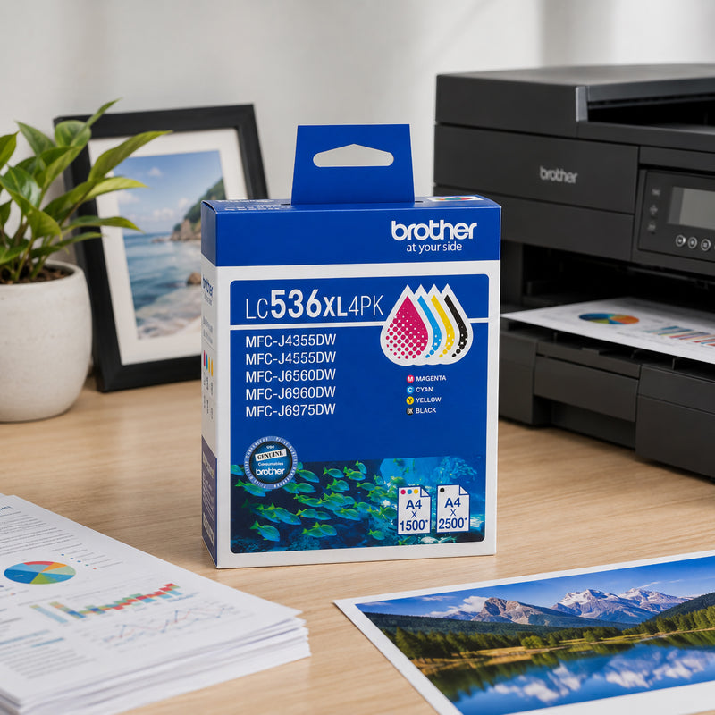 Lifestyle office image featuring the Brother LC536XL4PK multipack positioned near a Brother printer actively producing colour documents. The packaging is prominently displayed with visible colour indicators and yield information. Framed artwork, printed reports and a modern workspace setting demonstrate how the multipack supports both professional document production and high quality colour printing tasks.