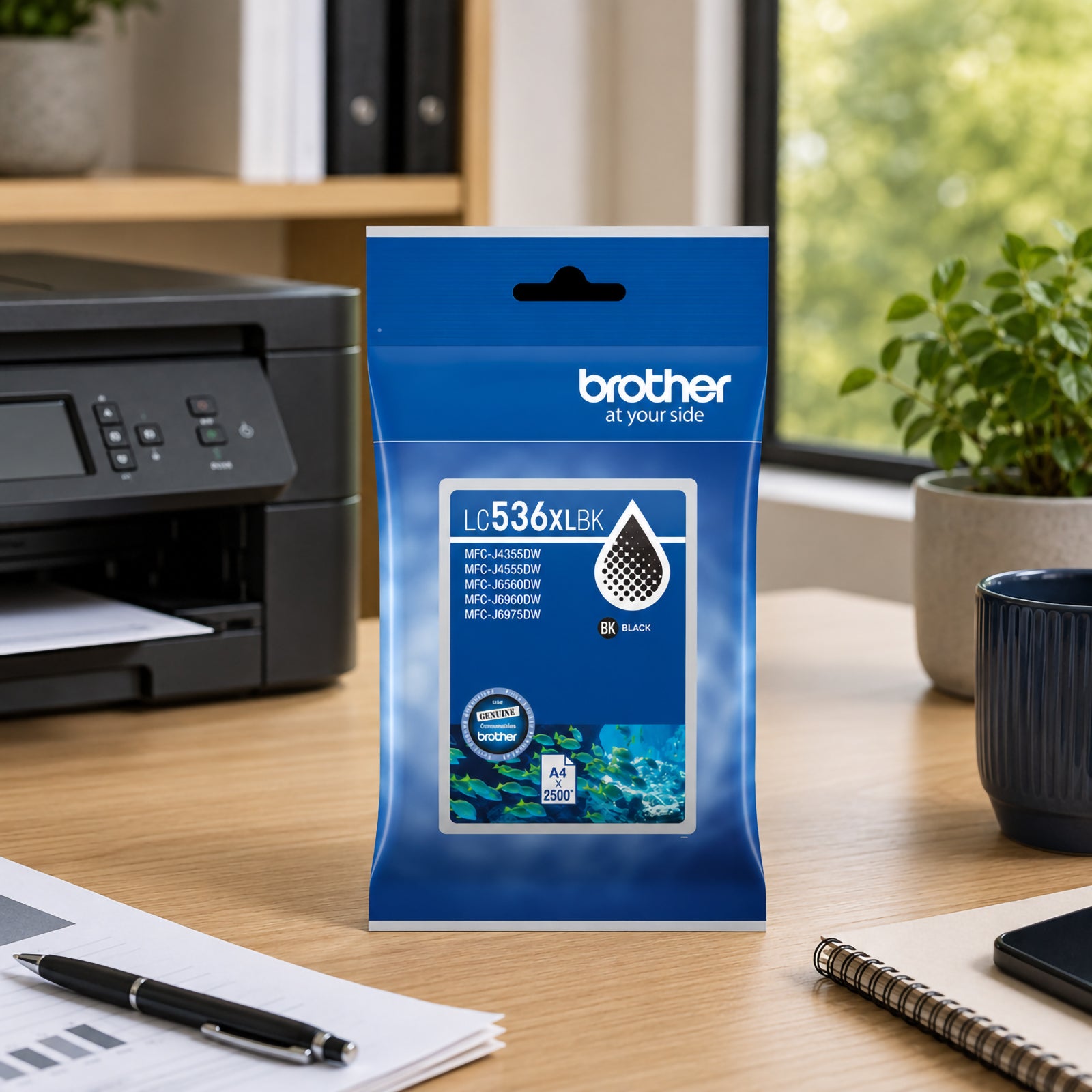 Brother LC536XLBK High Yield Black Ink Cartridge standing on a modern workstation with a Brother printer, business reports and office stationery in the background. The packaging remains the focal point while surrounding productivity tools reinforce its role in delivering crisp black text, sharp business documents and efficient day to day printing operations.