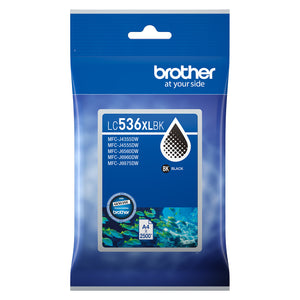 Front facing product image of the Brother LC536XLBK High Yield Black Ink Cartridge in genuine Brother retail packaging. The blue package prominently displays the LC536XLBK model number, black ink droplet icon and genuine Brother consumables seal. Compatible Brother printer models are listed on the front panel, together with a high yield capacity of up to 2,500 A4 pages. The isolated product presentation is ideal for ecommerce listings, office supply catalogues and printer consumables product pages.