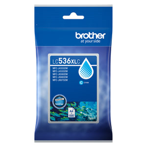 Front facing product image of the Brother LC536XLC High Yield Cyan Ink Cartridge in genuine Brother retail packaging. The blue package prominently displays the LC536XLC model number, cyan ink droplet icon and genuine Brother consumables seal. Compatible Brother printer models are listed on the front together with a high yield capacity of up to 1,500 A4 pages. The isolated product image clearly highlights the cartridge for ecommerce listings, office supply catalogues and printer consumables product pages.