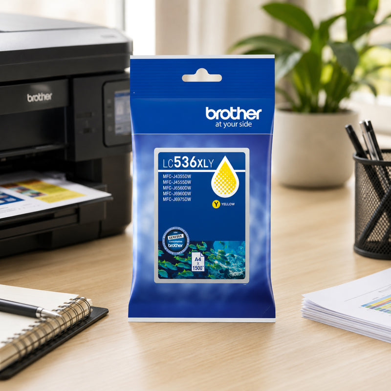 Front facing isolated product image of the Brother LC536XLY High Yield Yellow Ink Cartridge in original Brother packaging. The blue pack prominently displays the LC536XLY model designation, yellow ink droplet symbol, compatible printer models and genuine consumables badge. Designed for ecommerce catalogues and office supply listings, the image clearly showcases a genuine Brother high yield cartridge capable of delivering vibrant yellow colour output and consistent print quality.