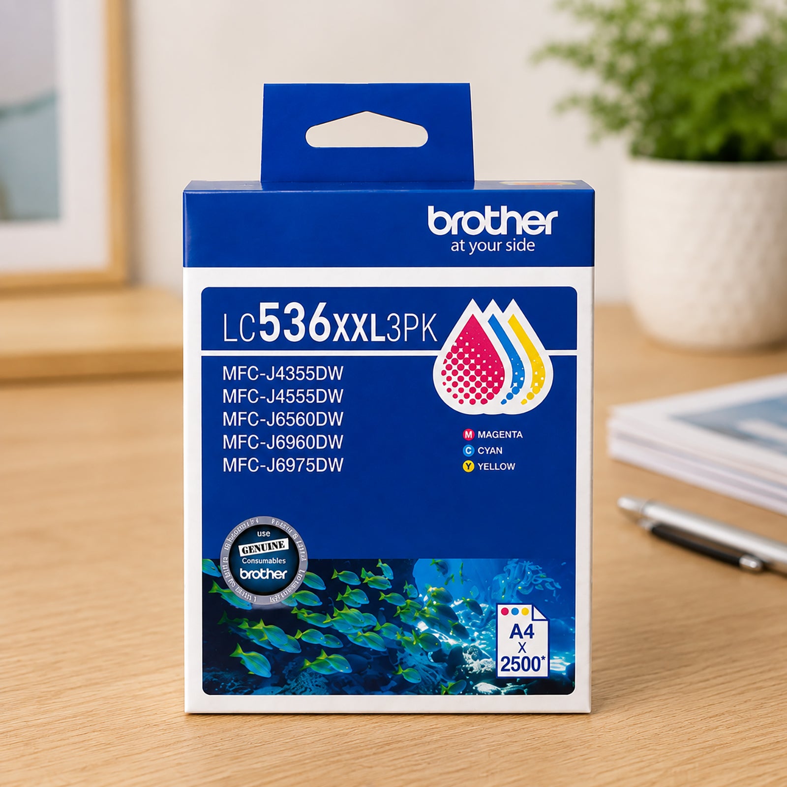Front facing product display of the Brother LC536XXL3PK Super High Yield CMY Ink Cartridge Pack positioned on a clean workspace. The packaging clearly identifies Cyan, Magenta and Yellow cartridges and emphasises reliable colour printing performance for business and home office users.