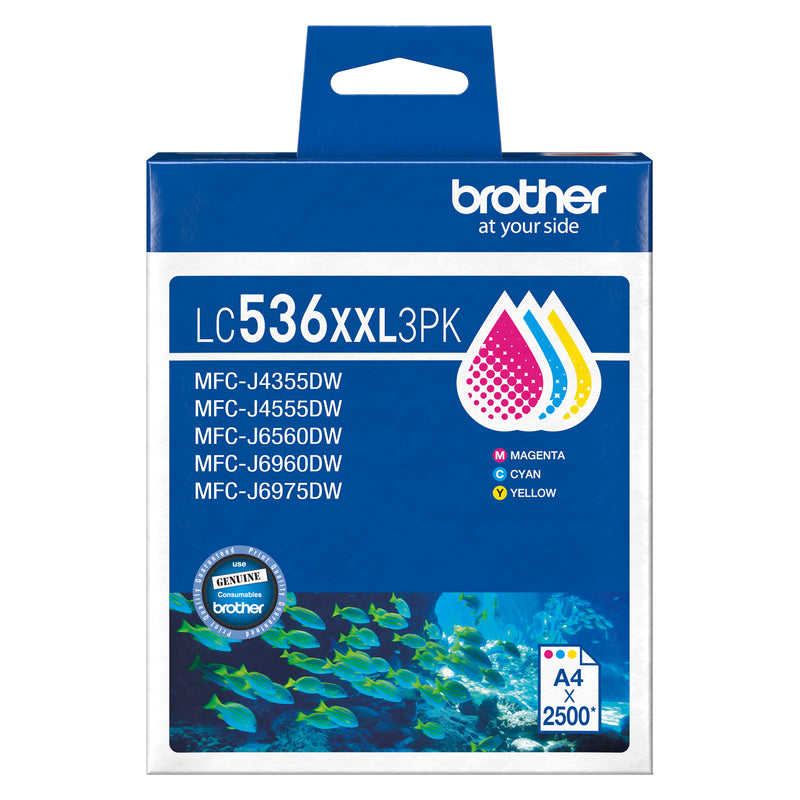 Detailed packaging image of the Brother LC536XXL3PK genuine colour ink cartridge pack showing compatibility information, colour indicators and up to 2,500 page yield capacity. The image focuses on product identification and high yield printing efficiency.