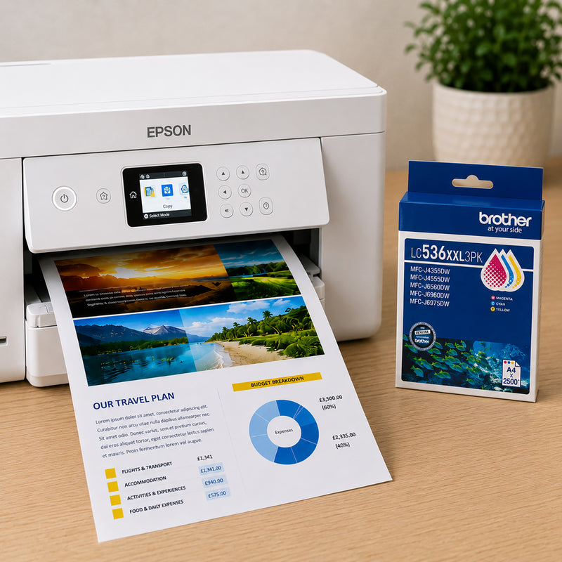 Brother colour inkjet printer producing a vibrant full colour document while the Brother LC536XXL3PK CMY cartridge pack is displayed alongside. The image highlights genuine Brother Cyan, Magenta and Yellow cartridges designed for professional quality colour printing and high volume office productivity.