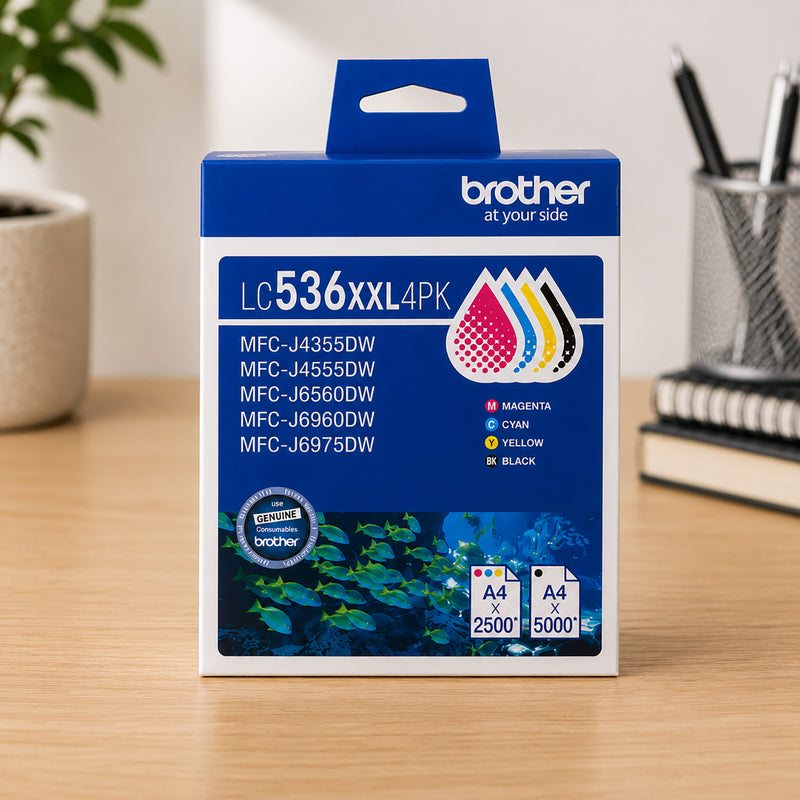 Front facing product display of the Brother LC536XXL4PK genuine ink cartridge pack on a tidy office desk. The packaging clearly identifies the Black, Cyan, Magenta and Yellow cartridges while emphasising high yield performance and compatibility with selected Brother inkjet printers.