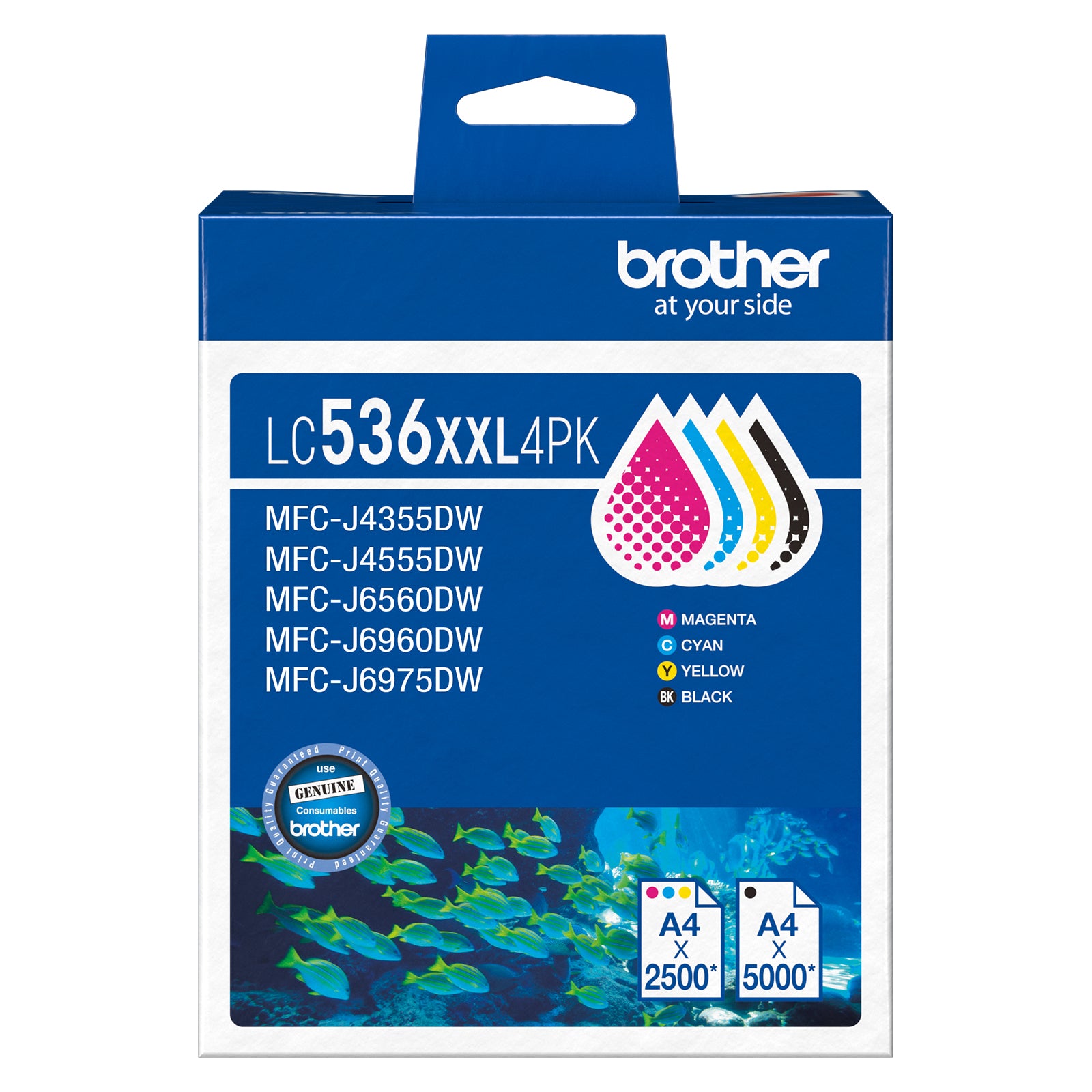 Close up packaging image of the Brother LC536XXL4PK Super High Yield BCMY Ink Cartridge Pack. Visible colour indicators, printer compatibility details and page yield information highlight the convenience of purchasing all four essential genuine Brother ink cartridges in one package.