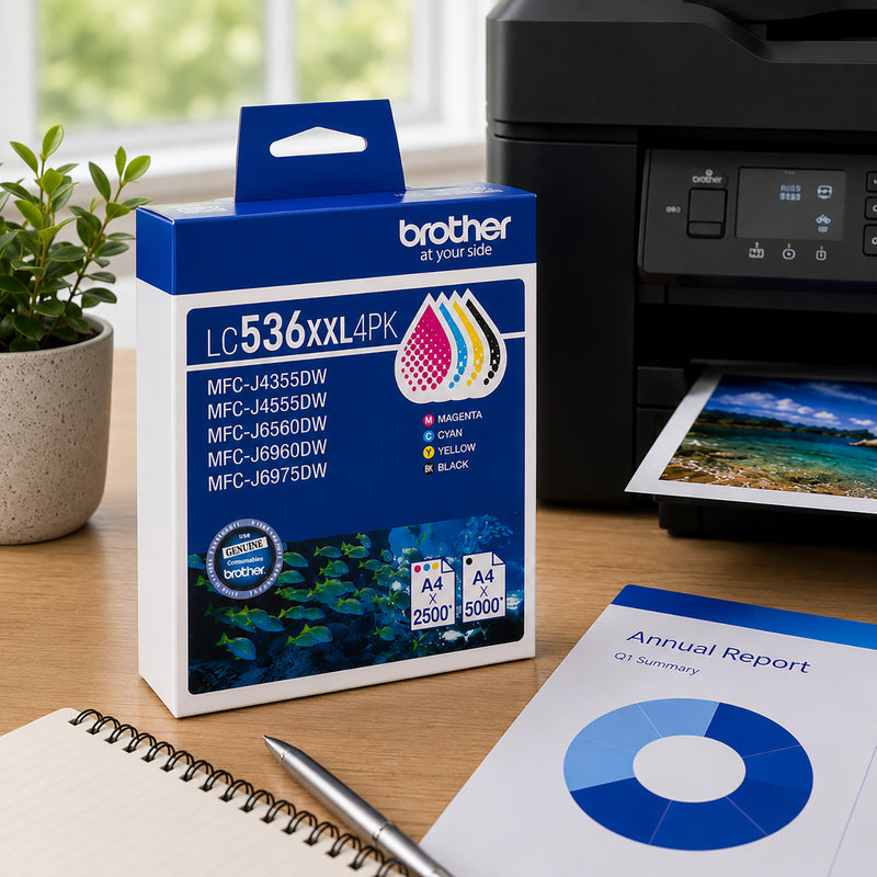 Brother LC536XXL4PK Super High Yield BCMY Ink Cartridge Pack displayed beside a printer producing a colourful report. The image highlights the complete Black, Cyan, Magenta and Yellow cartridge set, demonstrating professional quality printing, vibrant colour output and reliable performance for busy office environments.
