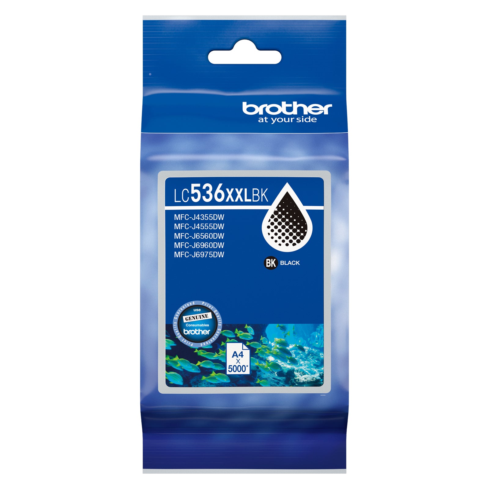 Detailed product packaging image of the Brother LC536XXLBK black ink cartridge showing compatibility information, genuine Brother branding and a super high yield capacity of up to 5,000 pages. The packaging highlights reliable performance for demanding printing workloads.