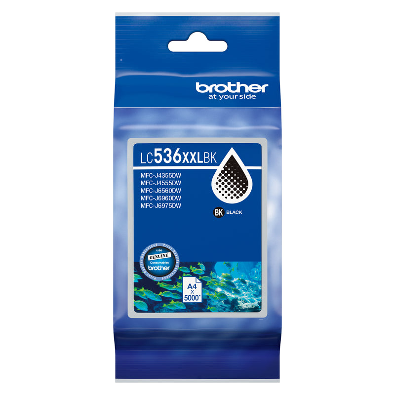 Detailed product packaging image of the Brother LC536XXLBK black ink cartridge showing compatibility information, genuine Brother branding and a super high yield capacity of up to 5,000 pages. The packaging highlights reliable performance for demanding printing workloads.