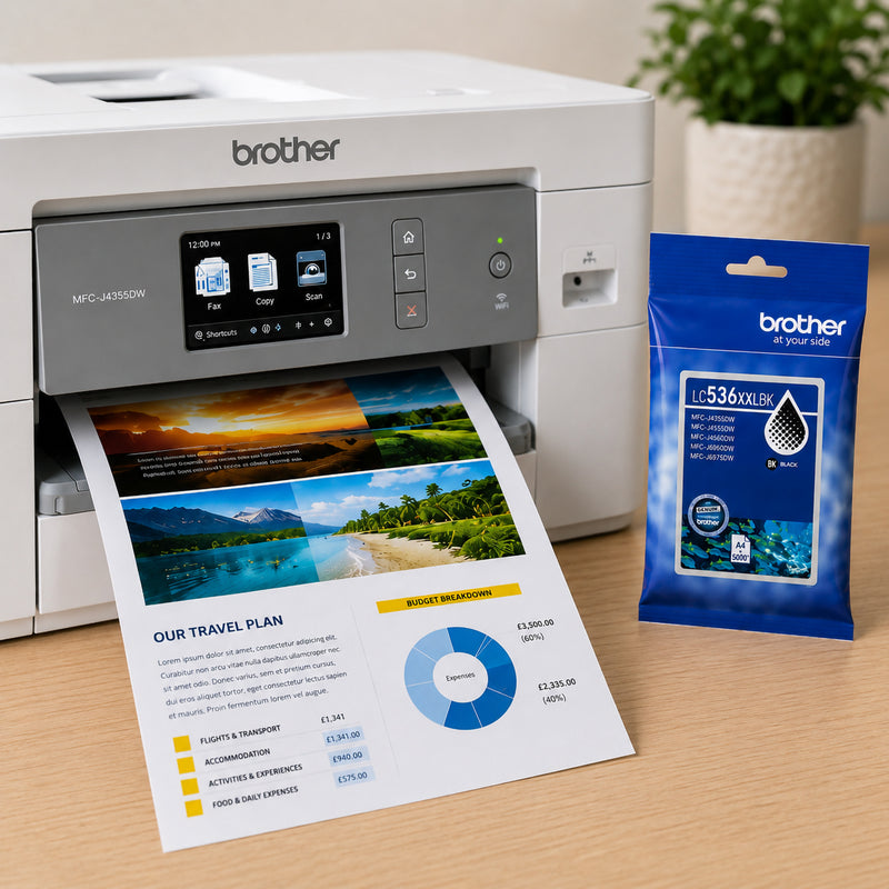 Brother multifunction inkjet printer producing a colourful report while a genuine Brother LC536XXLBK super high yield black ink cartridge package stands beside the device. The image highlights dependable office printing, professional document output and high capacity black ink performance for business environments.