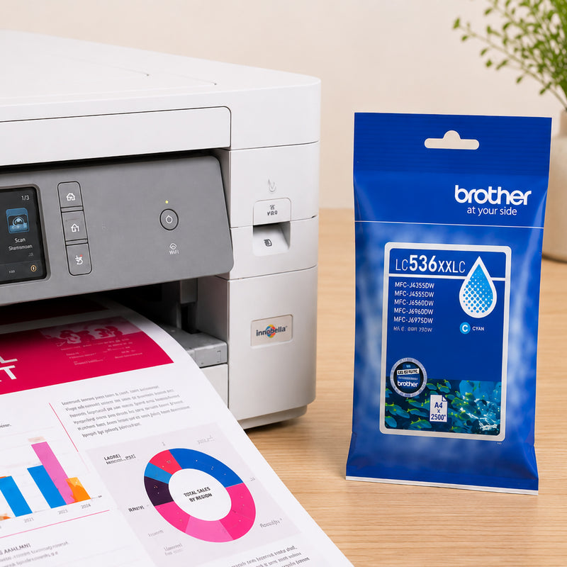 Brother multifunction printer producing colourful business reports while a genuine Brother LC536XXLC super high yield cyan ink cartridge package stands beside the device. The image highlights professional colour printing, reliable office performance and vibrant document output for demanding work environments.