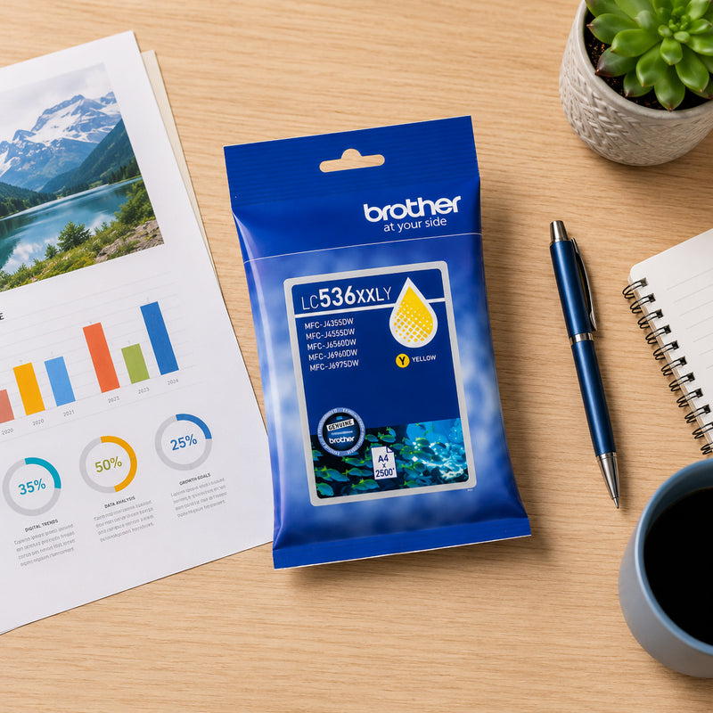 Top down view of the Brother LC536XXLY yellow ink cartridge retail package placed on a wooden desk beside charts, a pen, notebook and coffee cup. The image showcases genuine Brother consumables designed for productive and efficient colour printing environments.
