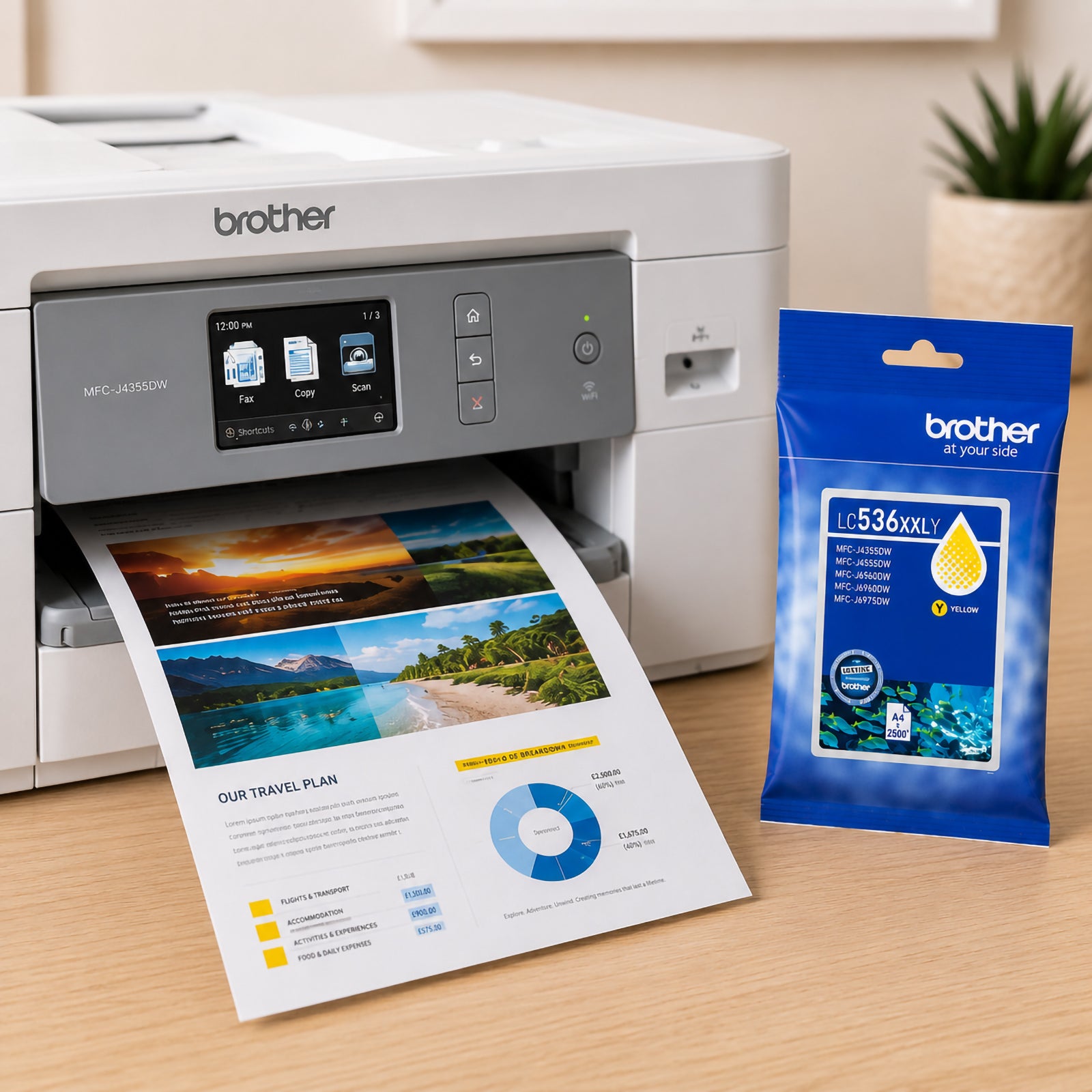 Brother multifunction printer producing a vibrant colour travel document while a genuine Brother LC536XXLY super high yield yellow ink cartridge package stands beside the printer. The image highlights bright colour output, professional print quality and reliable performance for office and home business printing.