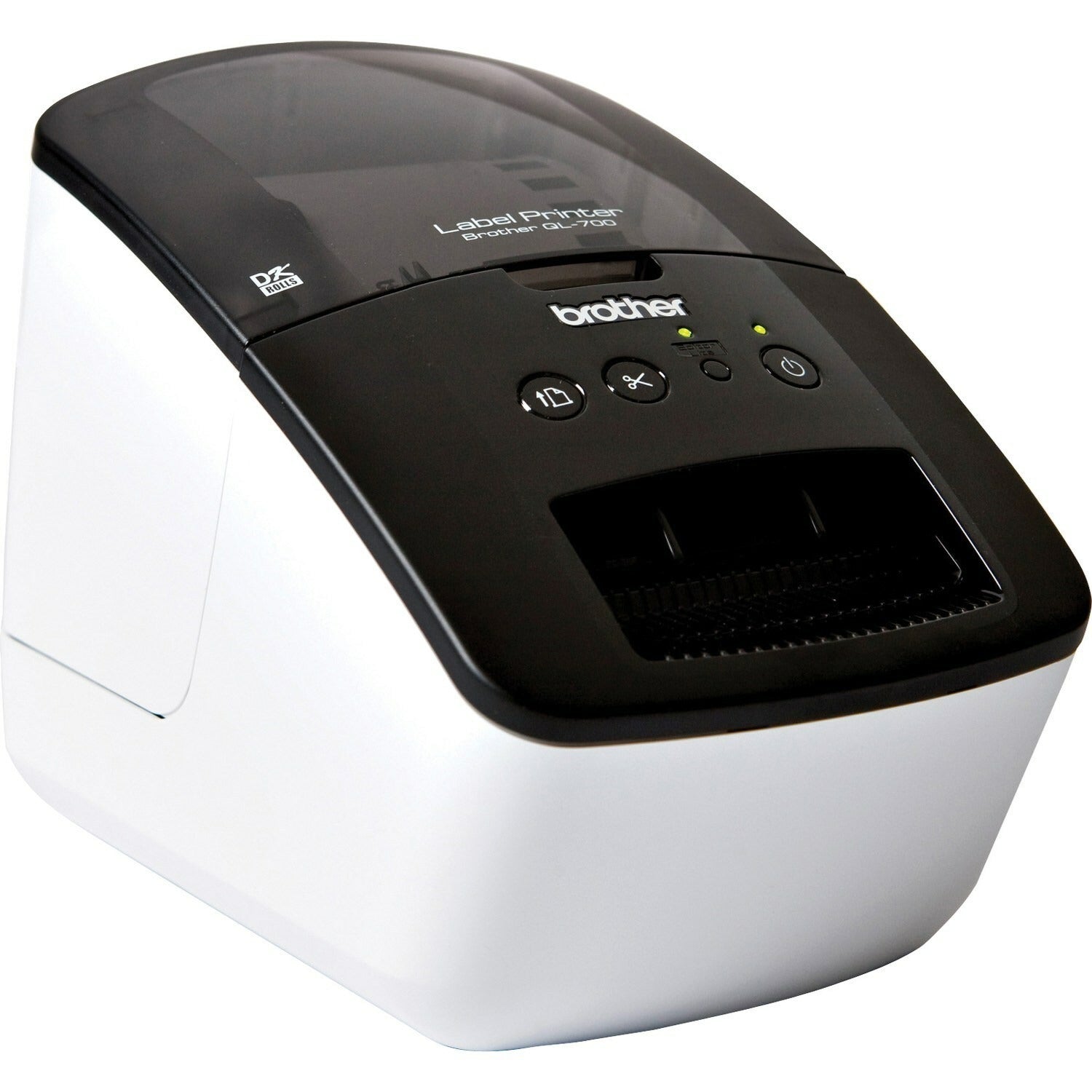 Top and rear view of the Brother QL-700 label printer, showing the empty label exit slot and cutter, the green status light, the round feed, cut, Editor Lite and power buttons, and the DK Rolls badge on the lid.