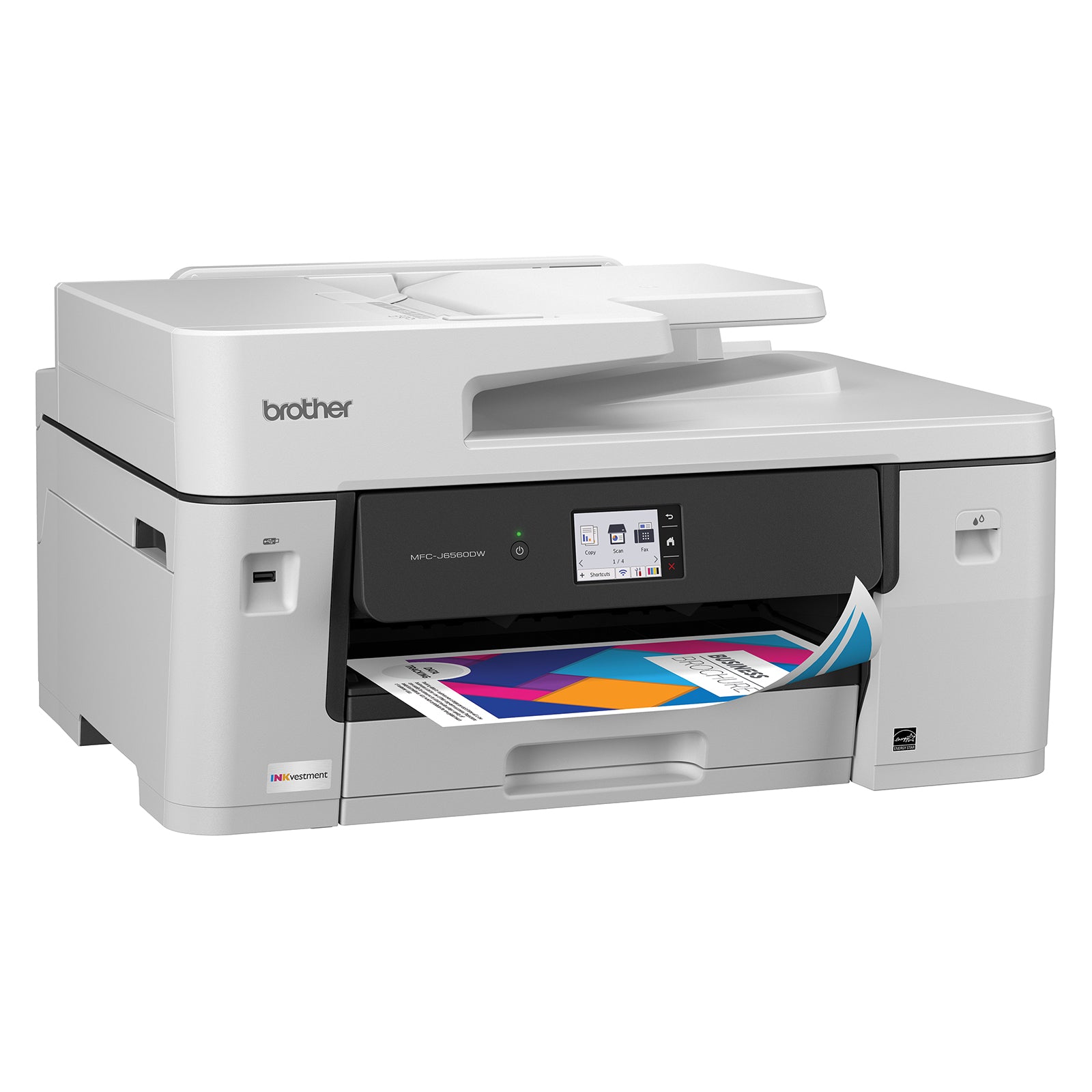 Angled studio view featuring the Brother MFC J6560DW with a partially printed marketing document emerging from the output tray. The image emphasises professional colour quality and versatile paper handling capabilities.