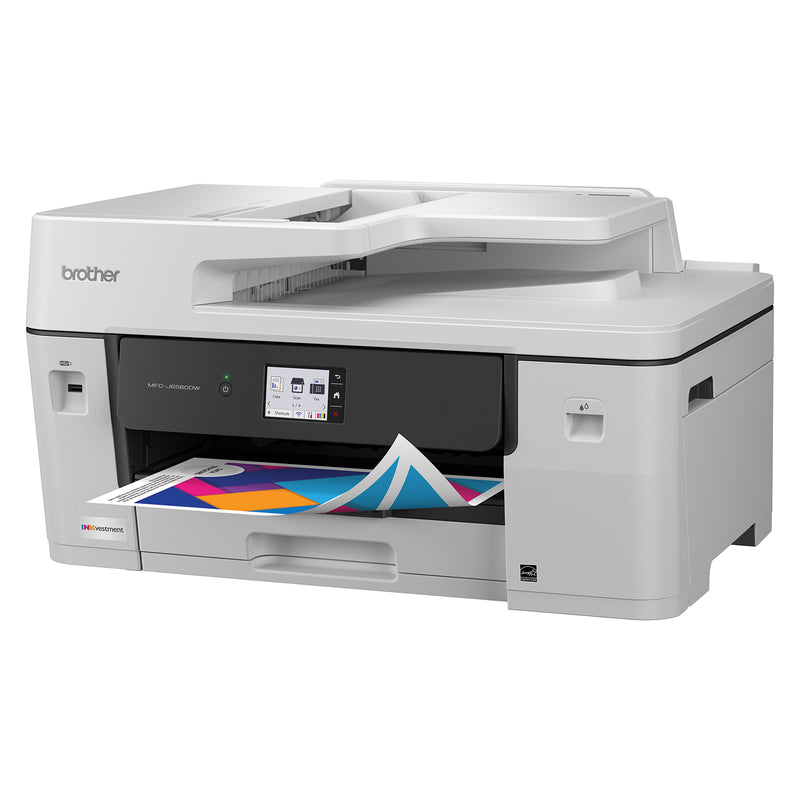 Studio product image of the Brother MFC J6560DW showing the front panel, touchscreen interface and printed colour output sheet. The clean design highlights the compact footprint and business focused functionality of this A3 multifunction printer.