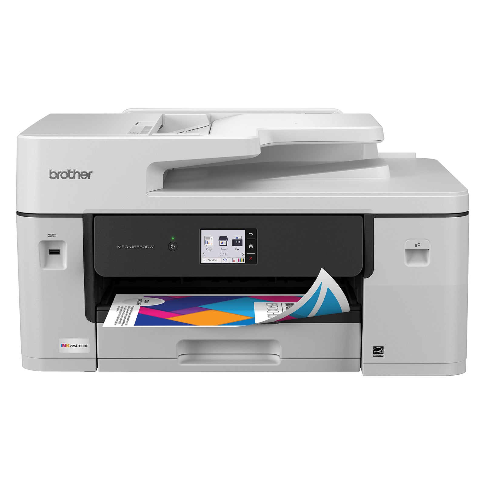 Direct front product view of the Brother MFC J6560DW displaying an active print job. The clear touchscreen controls and paper tray configuration illustrate efficient office document production and user friendly operation.