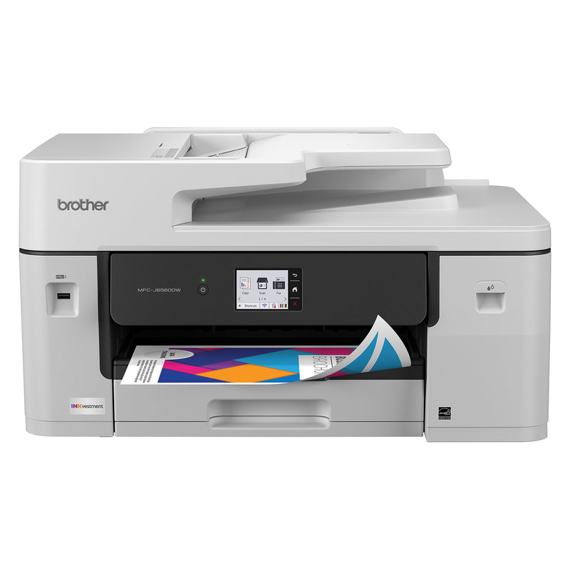 Direct front product view of the Brother MFC J6560DW displaying an active print job. The clear touchscreen controls and paper tray configuration illustrate efficient office document production and user friendly operation.