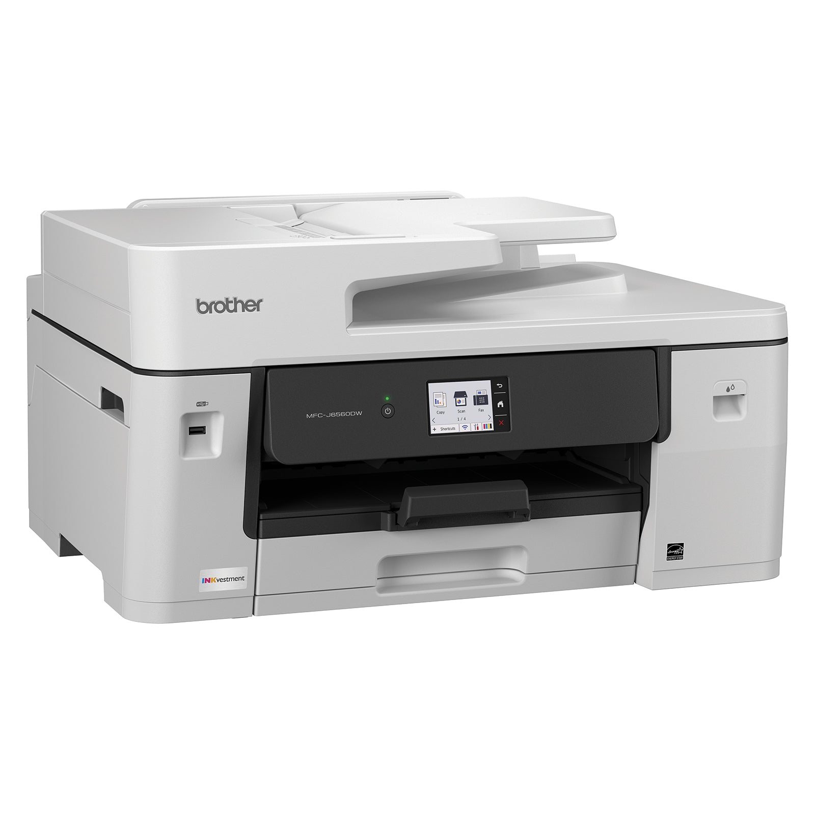 Angled product image of the Brother MFC J6560DW with closed paper path and output tray. The sleek business design highlights its suitability for modern offices seeking reliable multifunction printing performance.