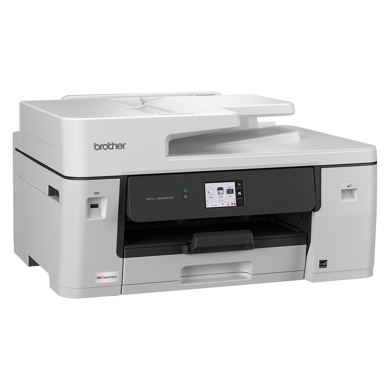 Angled product image of the Brother MFC J6560DW with closed paper path and output tray. The sleek business design highlights its suitability for modern offices seeking reliable multifunction printing performance.