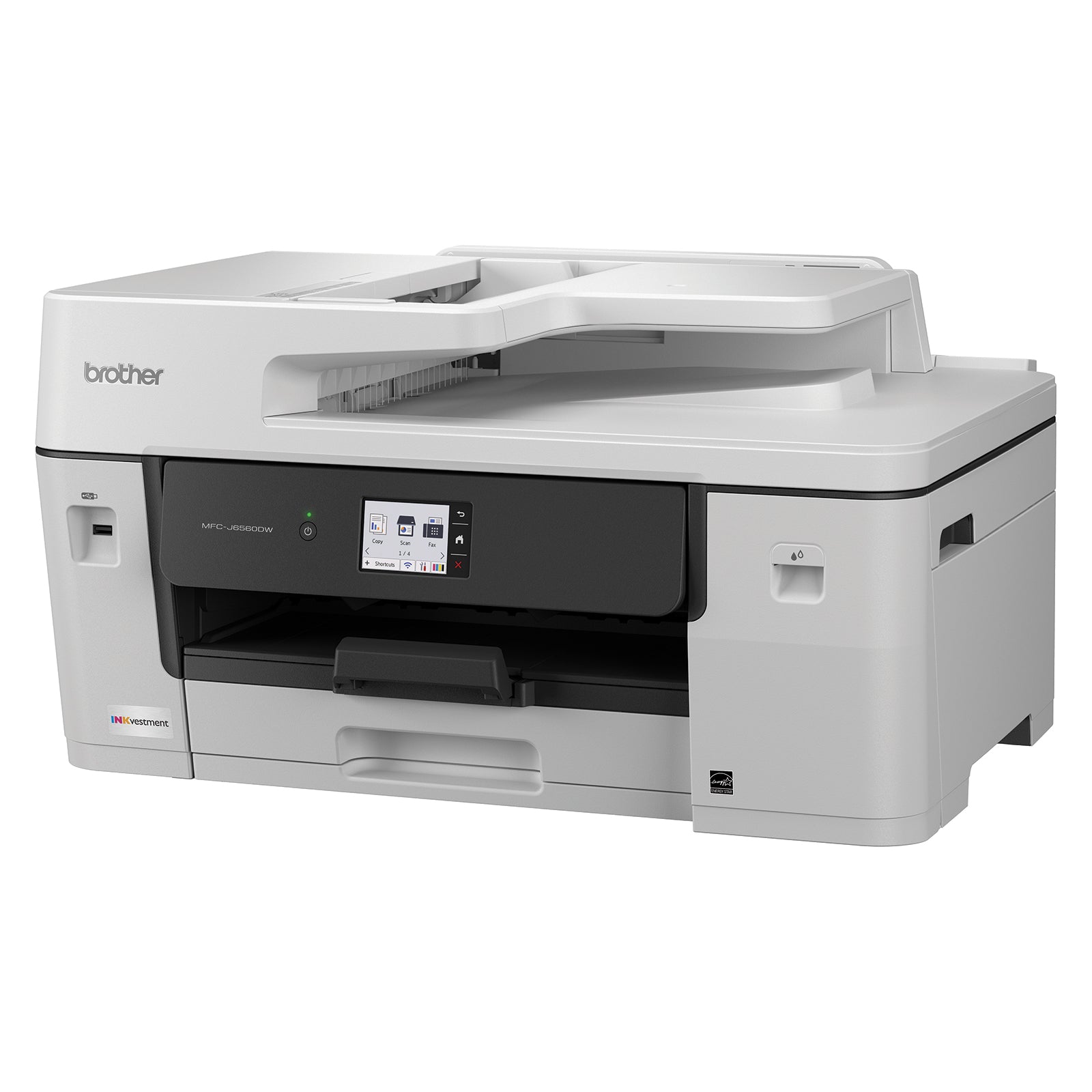 Three quarter front perspective of the Brother MFC J6560DW with the output tray extended. The image showcases the printer's compact A3 capable design and integrated automatic document feeder for streamlined workflows.
