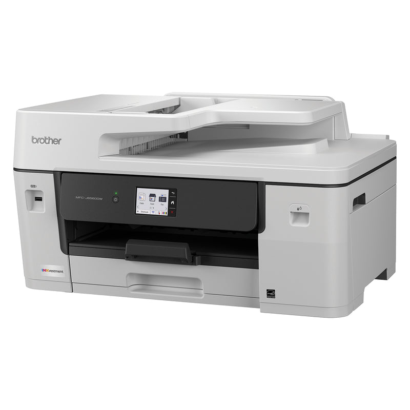 Three quarter front perspective of the Brother MFC J6560DW with the output tray extended. The image showcases the printer's compact A3 capable design and integrated automatic document feeder for streamlined workflows.