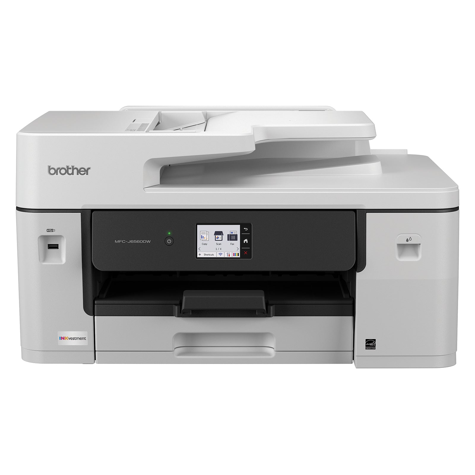 Front facing studio image of the Brother MFC J6560DW in standby mode. The touchscreen control panel, large paper tray and professional construction demonstrate a dependable A3 business printer built for everyday office productivity.