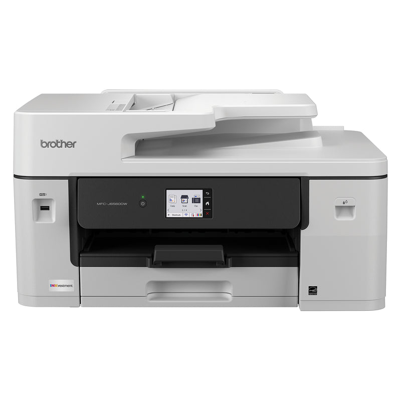 Front facing studio image of the Brother MFC J6560DW in standby mode. The touchscreen control panel, large paper tray and professional construction demonstrate a dependable A3 business printer built for everyday office productivity.
