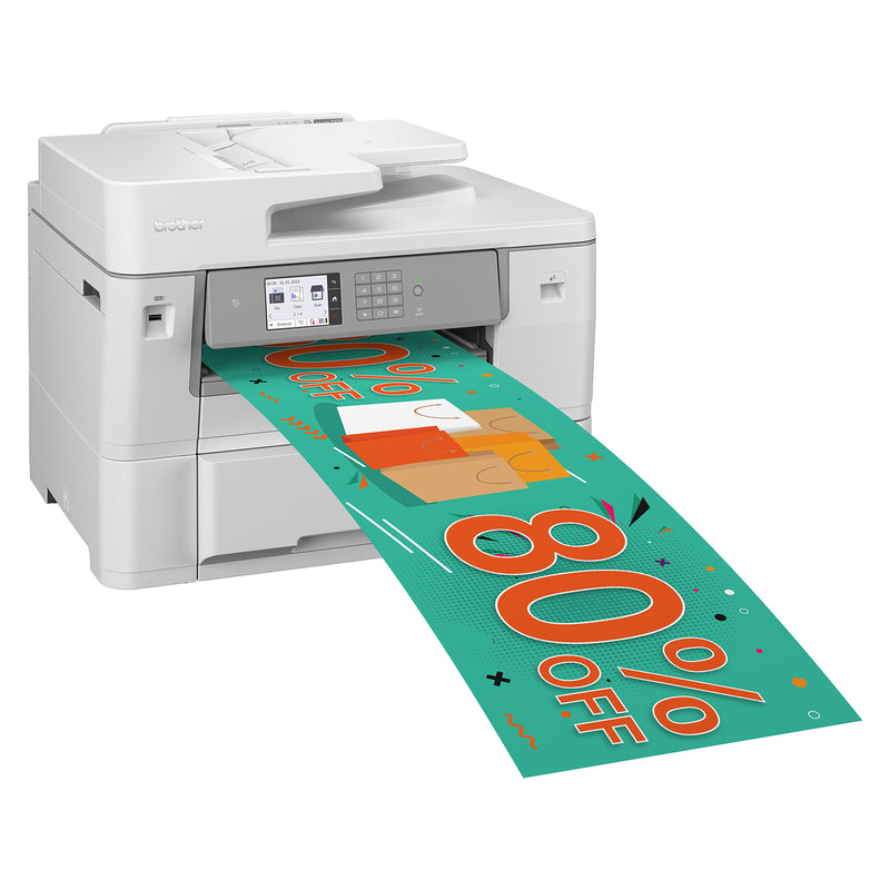 Alternative perspective of the Brother MFC J6959DW generating a long banner print with vivid colours and sharp graphics. The image demonstrates precision media handling and extended length printing functionality.