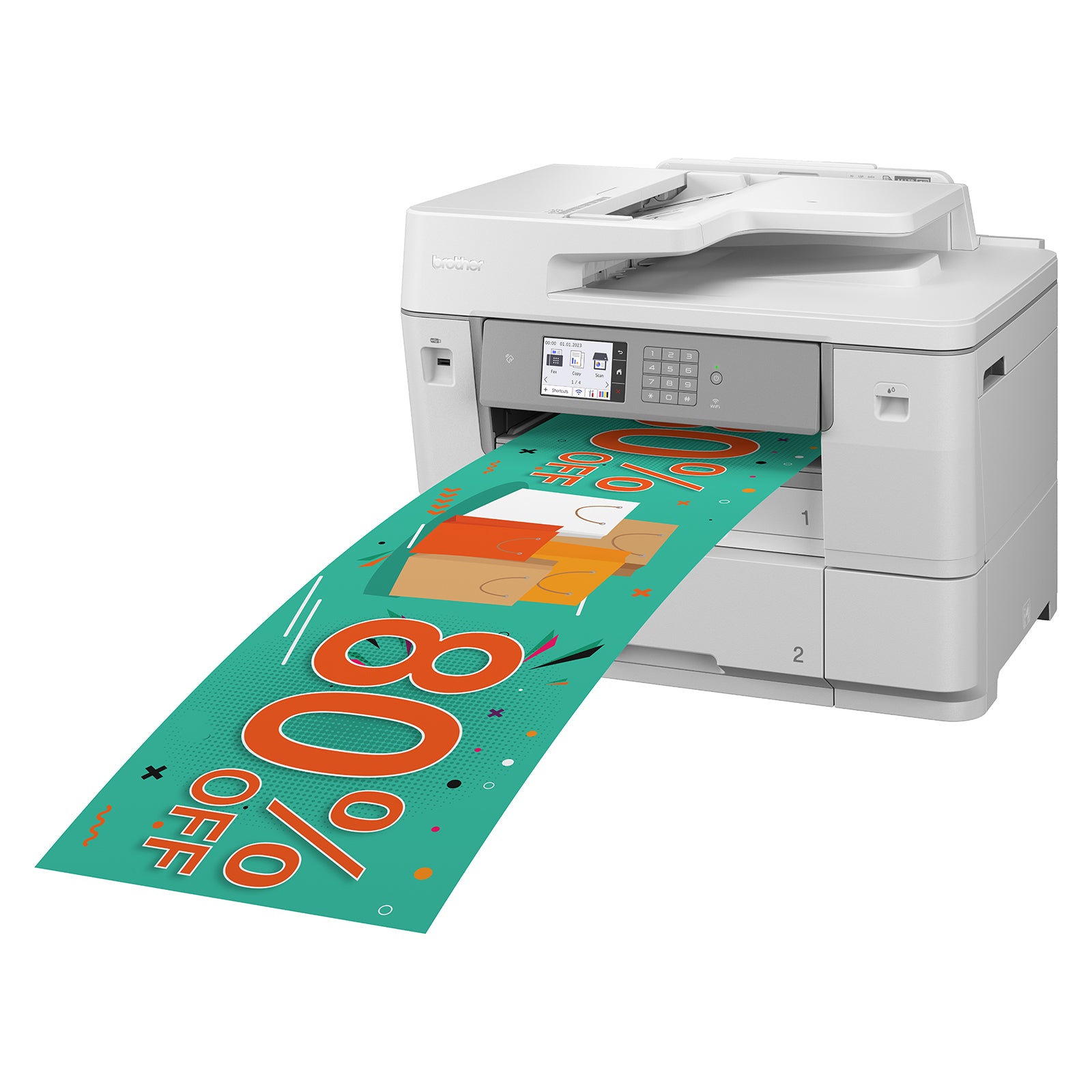 Front angled view of the Brother MFC J6959DW producing a colourful retail promotional banner featuring sale graphics. The image highlights wide format roll printing and professional promotional material creation.