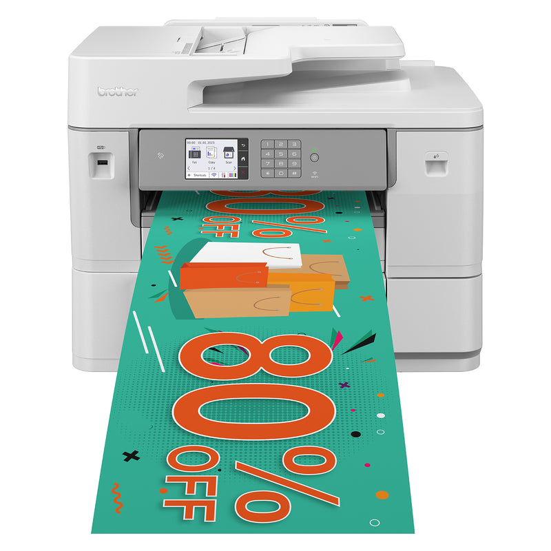 Brother MFC J6959DW multifunction printer producing a professional business document from the front paper tray. The image highlights dual tray capacity, colour document printing and office productivity features.