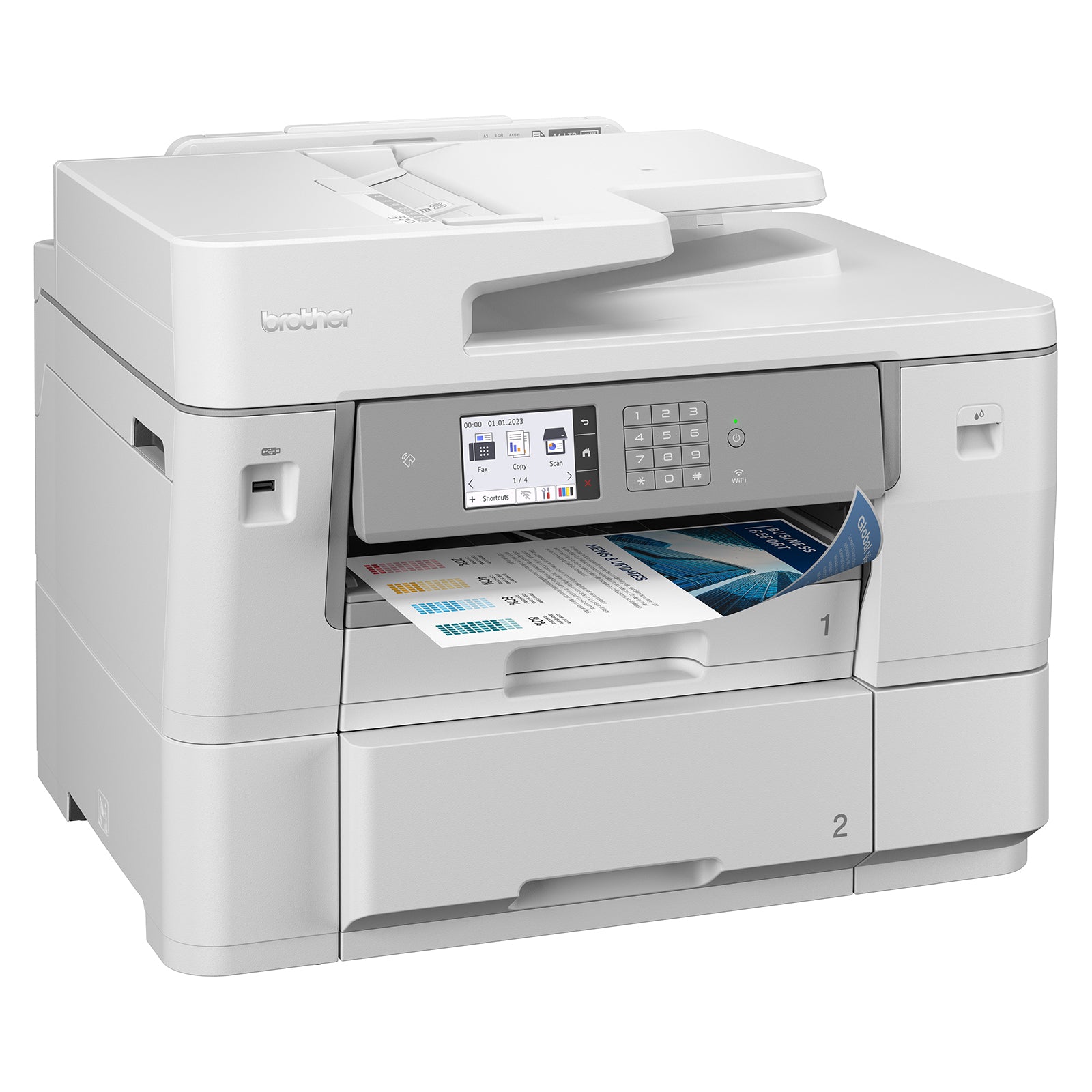 Front facing product image of the Brother MFC J6959DW displaying colour business reports. The image focuses on multifunction capabilities, high quality document output and streamlined office workflows.