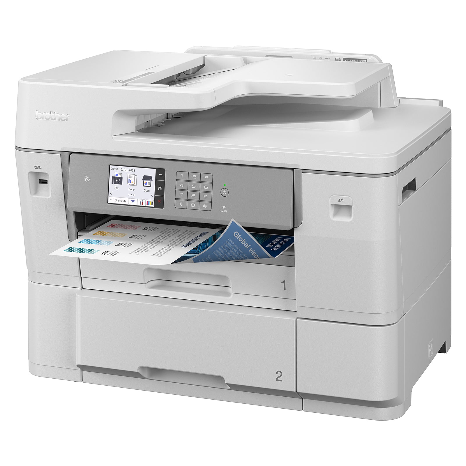 Three quarter angle view of the Brother MFC J6959DW with printed reports emerging from the output tray. The image showcases professional design, touchscreen controls and reliable everyday business performance.