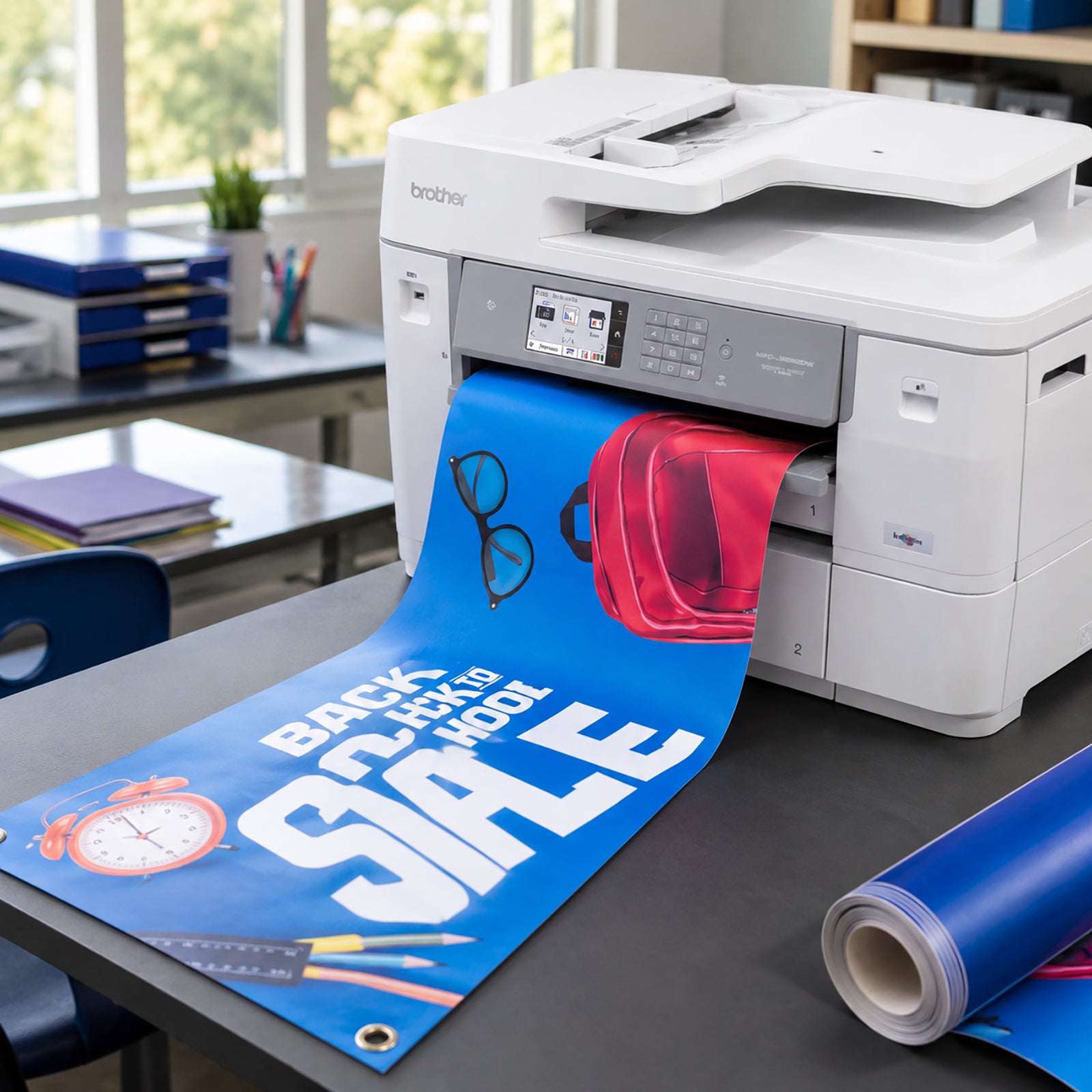 Brother MFC-J6959DW producing a large format promotional banner in vivid blue colours. The long banner showcases the printer's roll paper printing capability, making it suitable for retail signage, school displays, event graphics and marketing applications.