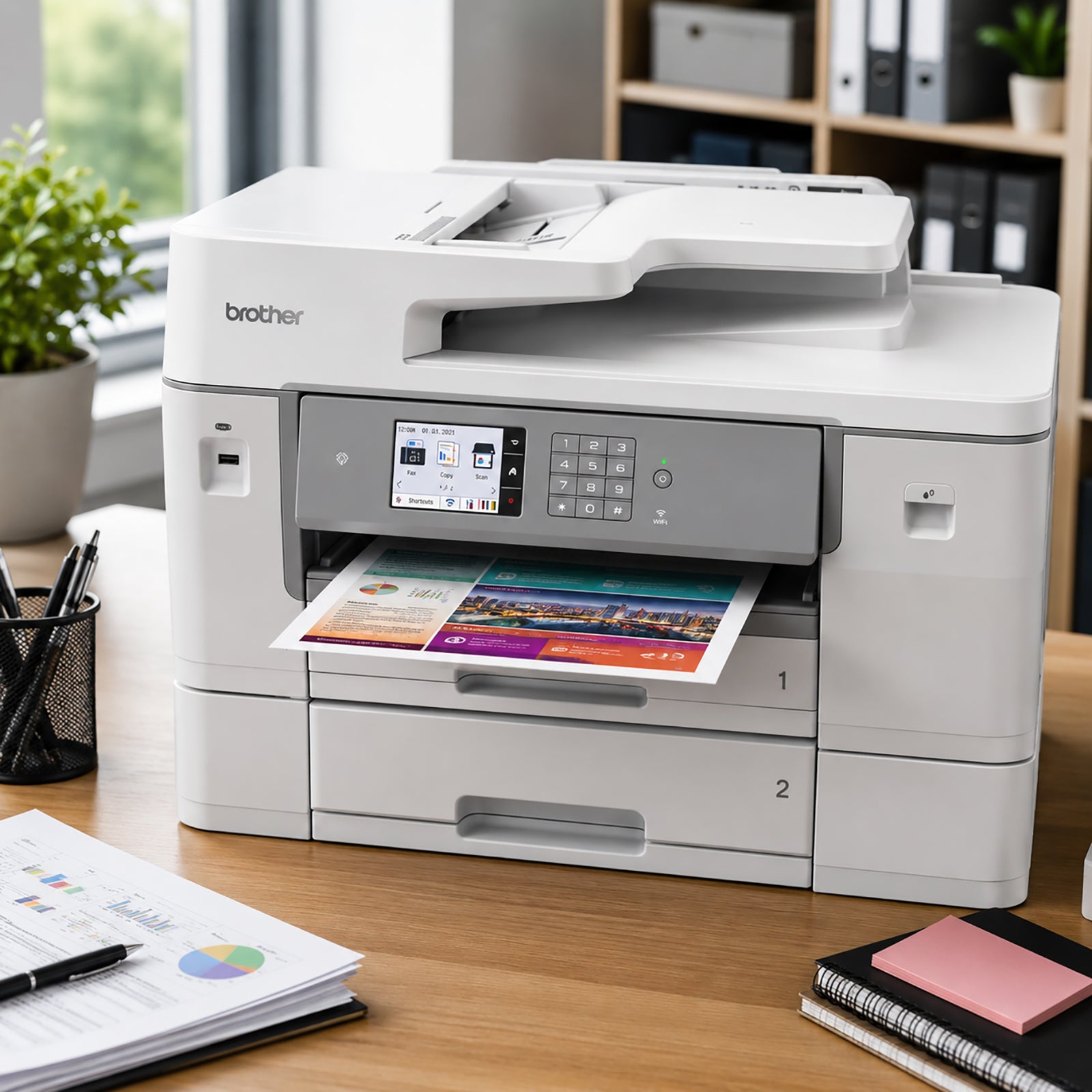 Front angled view of the Brother MFC-J6959DW on a wooden desk actively printing a colourful marketing document. Visible features include the touchscreen control panel, numeric keypad, automatic document feeder and dual paper drawers. Office accessories and filing shelves demonstrate everyday workplace productivity.