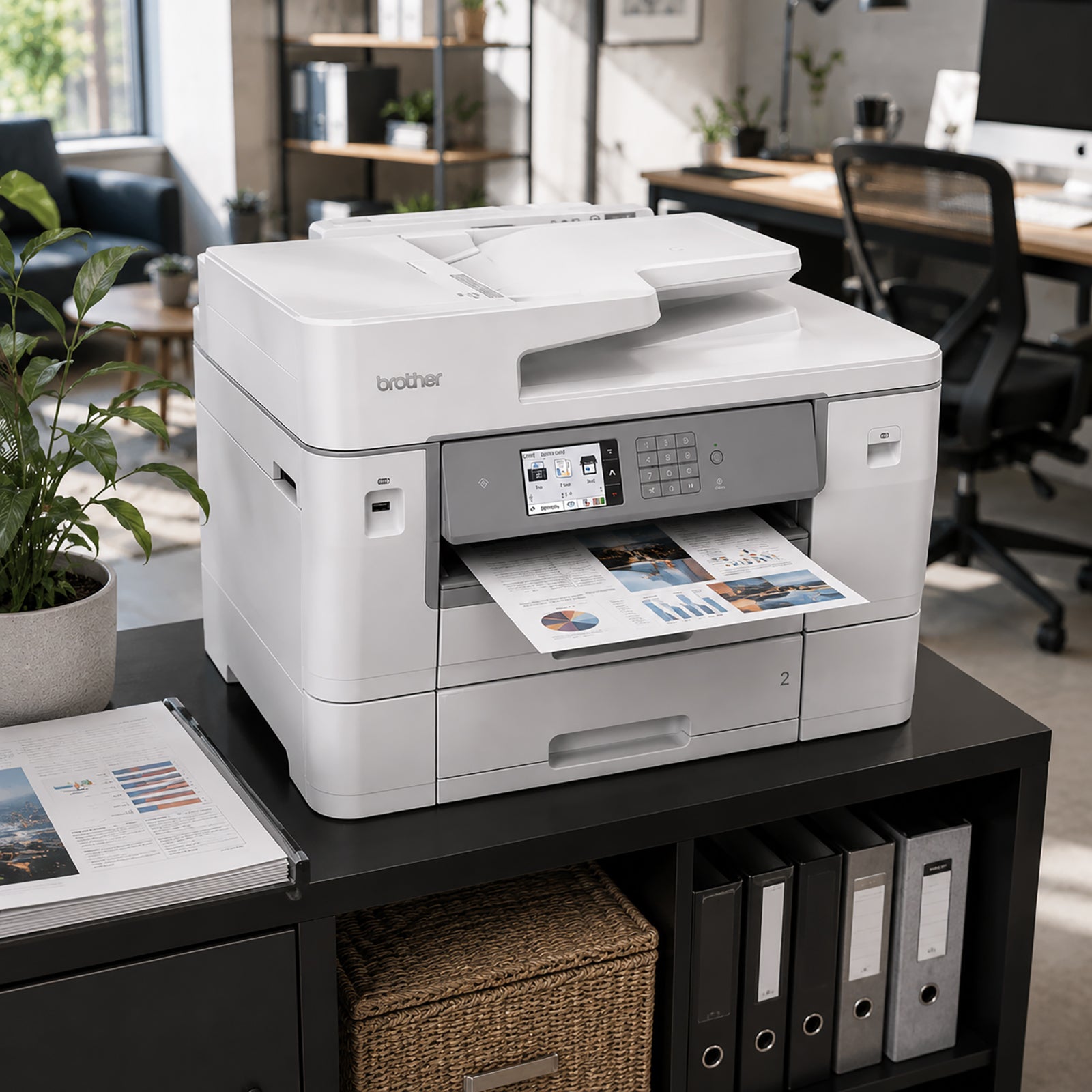 Brother MFC-J6959DW A3 multifunction inkjet printer positioned on an office cabinet printing a full colour business report. The printer features dual paper trays, automatic document feeder, colour touchscreen display and a professional white finish. Modern office shelving, binders and workspace furnishings highlight its suitability for business environments.