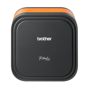 Front face of the Brother PT-E920BT P-Touch Cube Pro, a dark grey square unit with rounded corners, an orange band around the top and the Brother and P-Touch E920BT logos on the face.