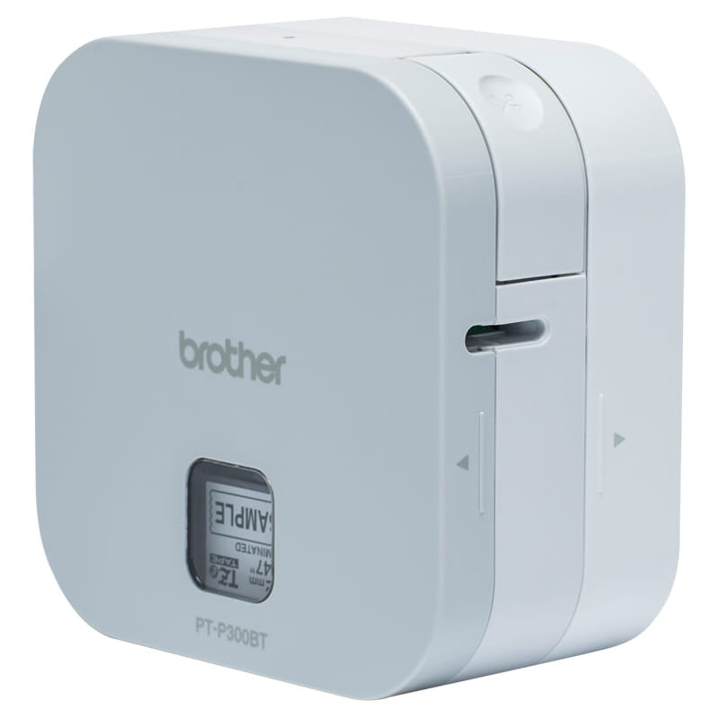 Side angle of the Brother PT-P300BT P-Touch Cube showing the brother logo, the PT-P300BT model marking and the tape preview window displaying a 12mm laminated TZe sample label, with the tape exit slot on the right