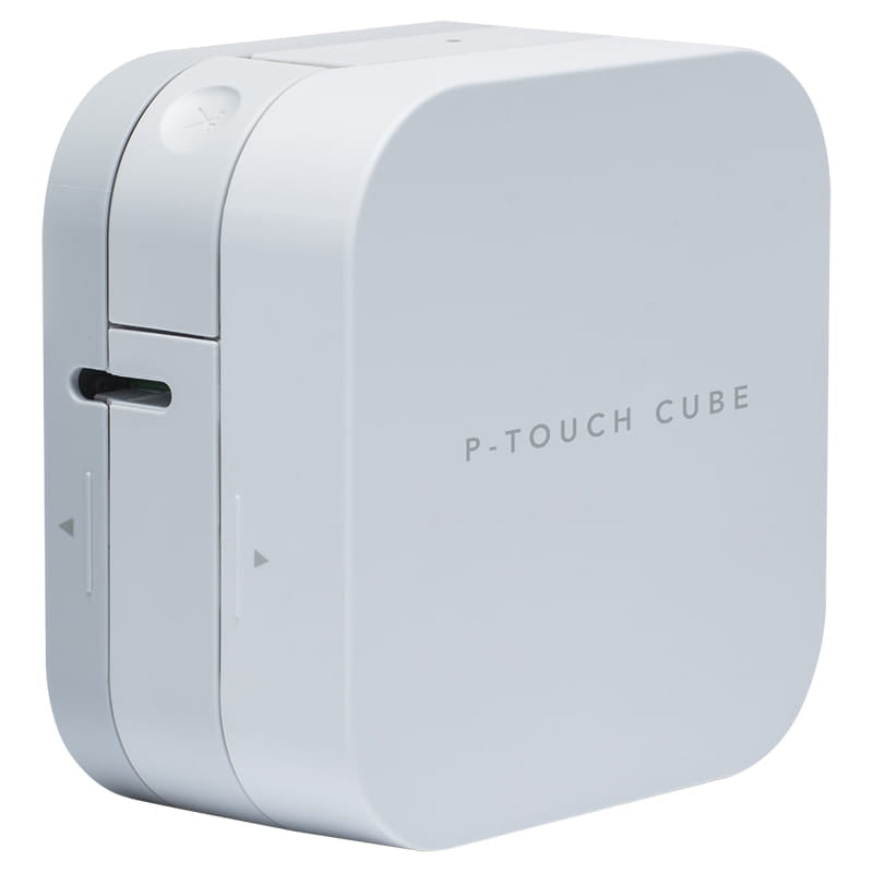 Three quarter front view of the Brother PT-P300BT P-Touch Cube label maker in white, showing the rounded square housing with P-TOUCH CUBE printed on the front face, the tape exit slot and the manual cutter button, against a white background