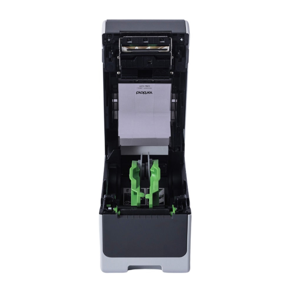 Brother TD-2320D with the cover open, seen from above, showing the print head, the empty green roll guides and the label path through the media compartment.