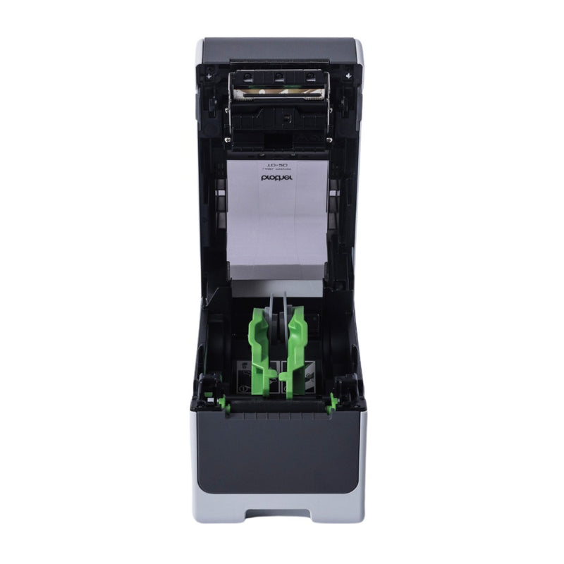 Brother TD-2320D with the cover open, seen from above, showing the print head, the empty green roll guides and the label path through the media compartment.