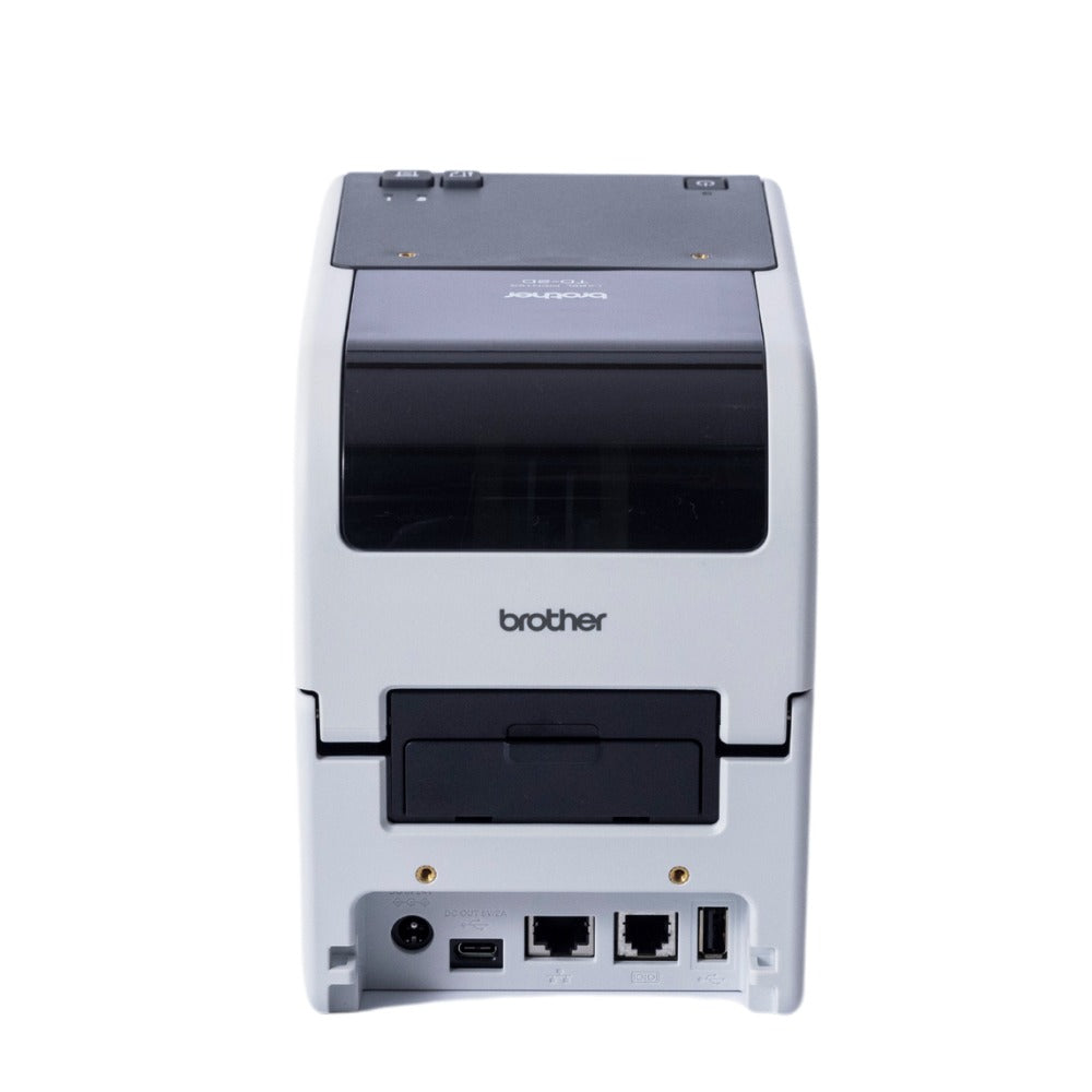 Rear of the Brother TD-2320D showing the power socket, a USB-C port, two RJ-style sockets and a USB Type A port along the bottom edge, with the buttons visible on top.