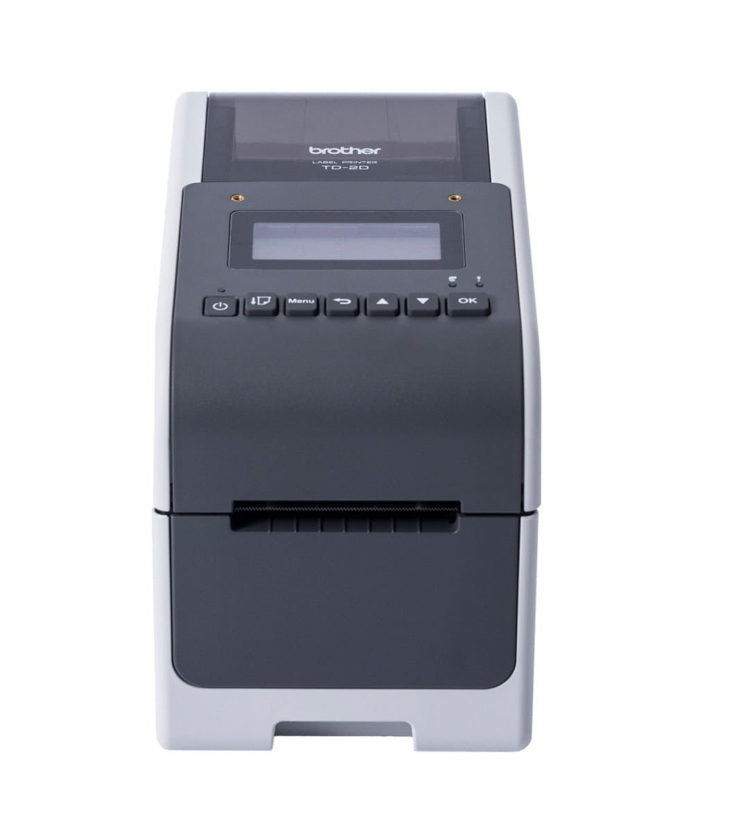 Front view of the Brother TD-2350D showing the monochrome LCD, seven control buttons, two indicator lights and the label exit slot below the control panel.
