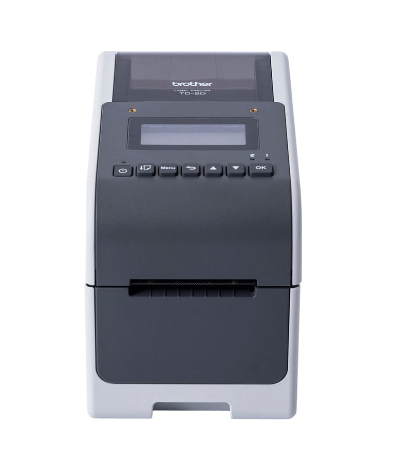 Front view of the Brother TD-2350D showing the monochrome LCD, seven control buttons, two indicator lights and the label exit slot below the control panel.