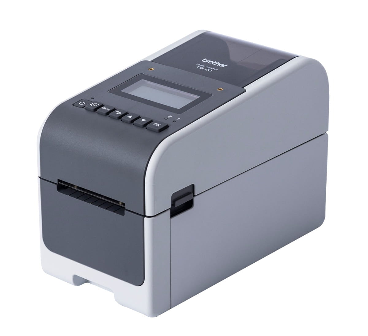 Brother TD-2350D seen at an angle from the front, with the LCD and button row angled towards the camera and one light grey side panel visible.