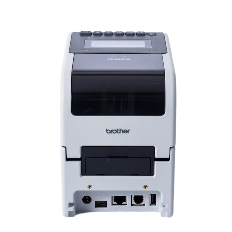 Rear of the Brother TD-2350D showing the power socket, a USB-C port, two RJ-style sockets and a USB Type A port, with the LCD and buttons visible on top.