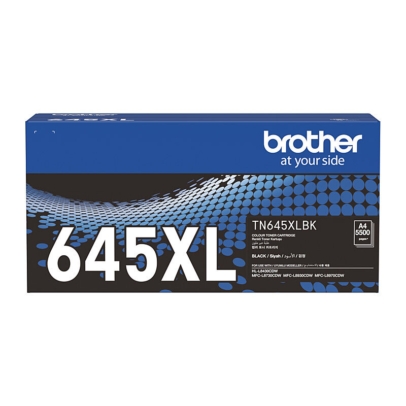 Brother TN645XLBK black toner cartridge box for compatible Brother laser printers, available from Mega Office Supplies.